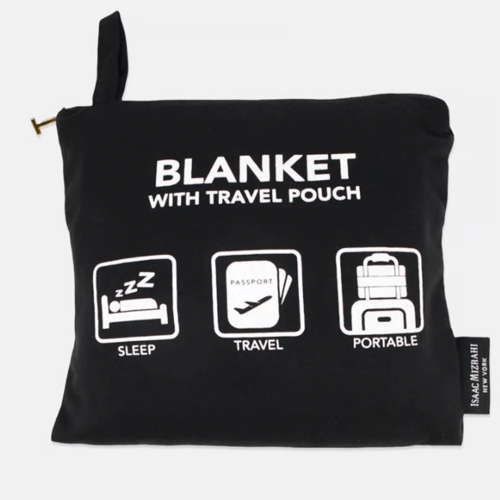 Isaac Mizrahi Travelers 2 Piece Set Knit Blanket + Bag Gray Tan Black Modern NEW